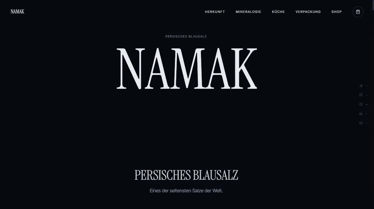 Forsiden af bazar.orbix.dk — NAMAK, demo-webshop for persisk blåt salt med serif-logo på mørk grund, bygget af NBS