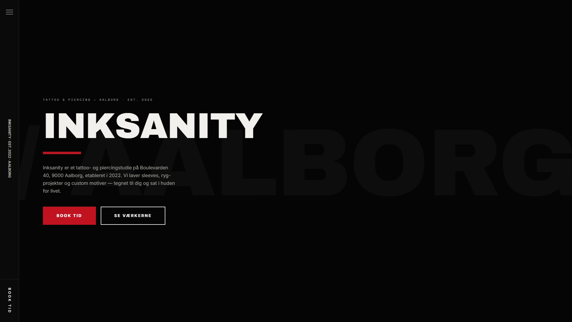 Forsiden af inksanity.dk – tattoo- og piercingstudie i Aalborg med online booking, udviklet af NBS
