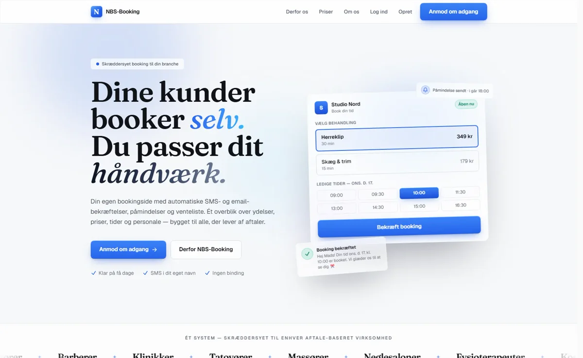 NBS Booking – bookingsystem til frisører og klinikker med SMS-påmindelser, udviklet af NBS